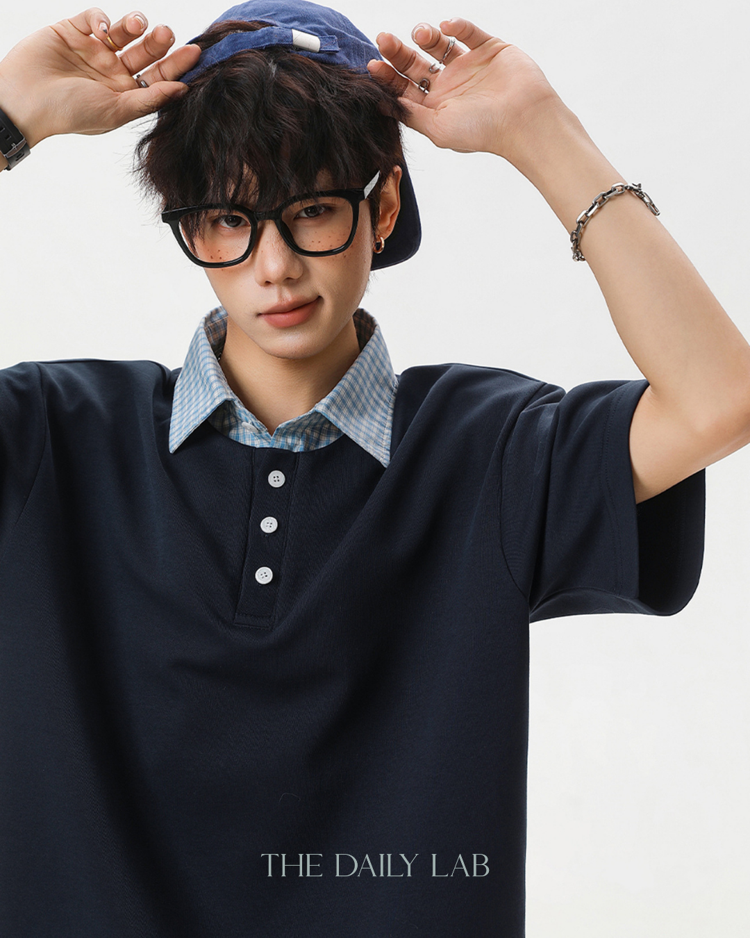 Two-Piece Plaid Spliced T-Shirt in Navy