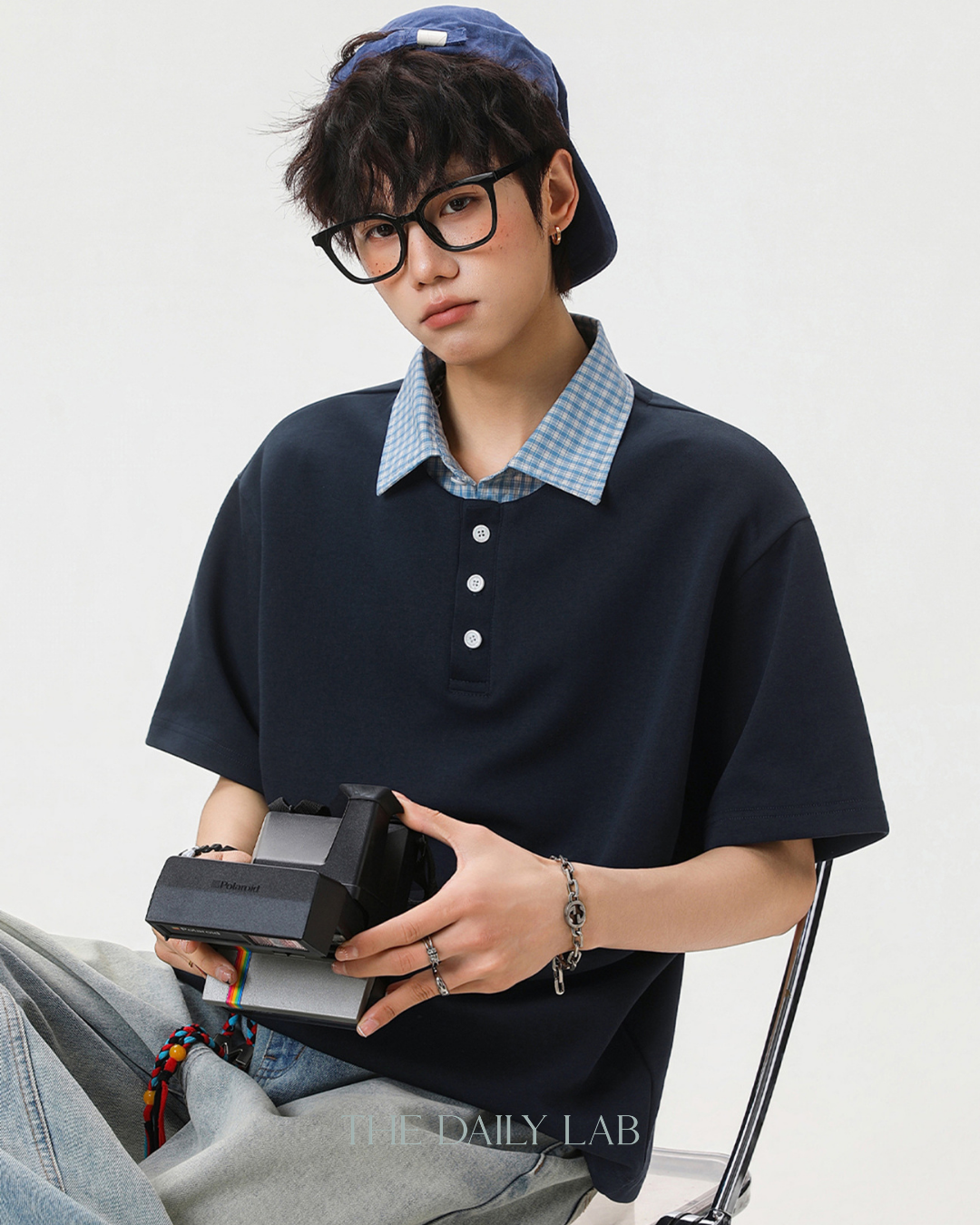 Two-Piece Plaid Spliced T-Shirt in Navy
