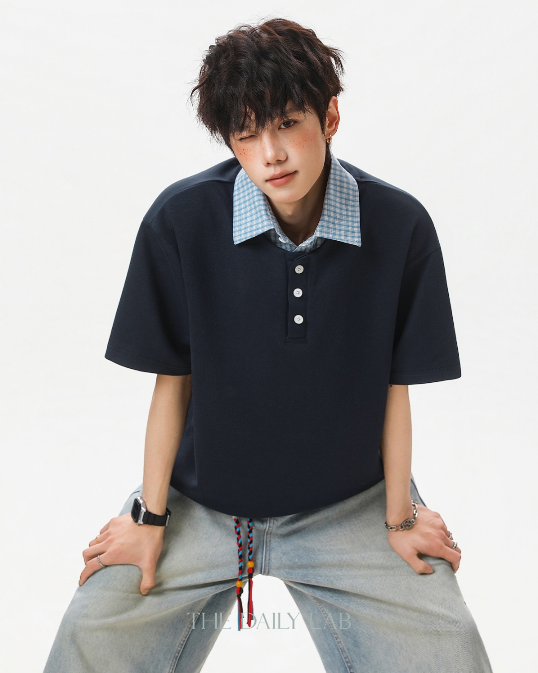 Two-Piece Plaid Spliced T-Shirt in Navy