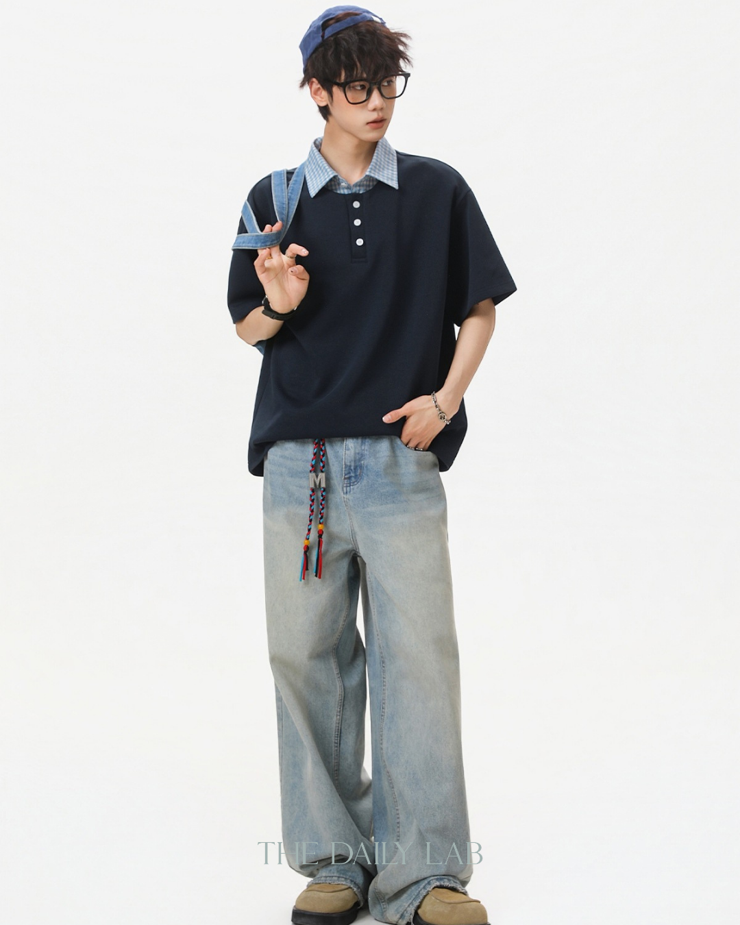 Two-Piece Plaid Spliced T-Shirt in Navy