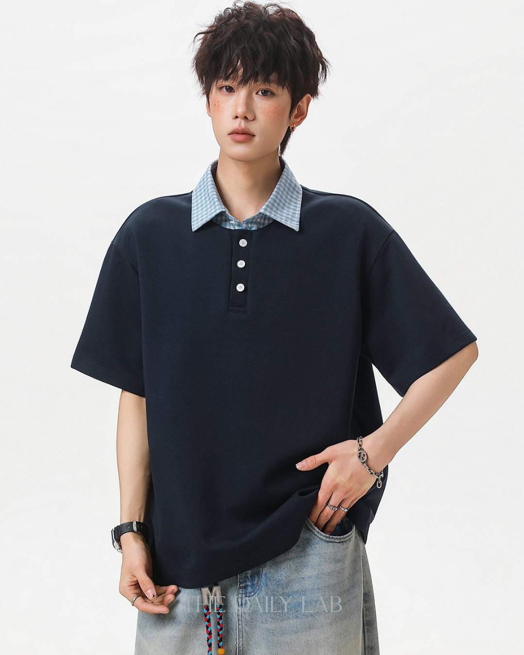 Two-Piece Plaid Spliced T-Shirt in Navy