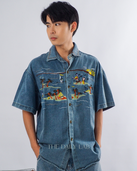 Retro Cartoon Embroidered Denim Shirt