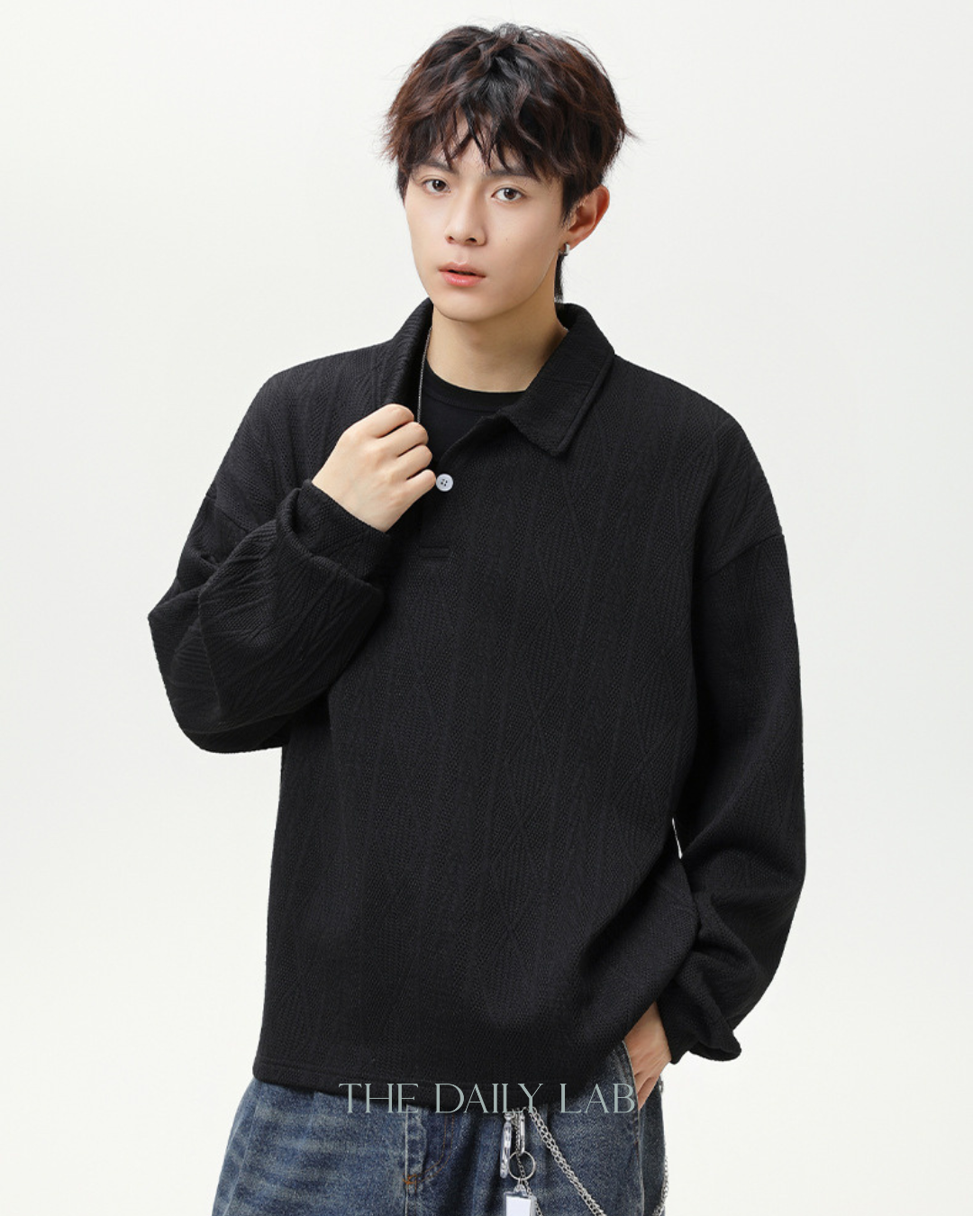 Heavyweight Textured Jacquard Turn-down Collar Sweatshirt In Black