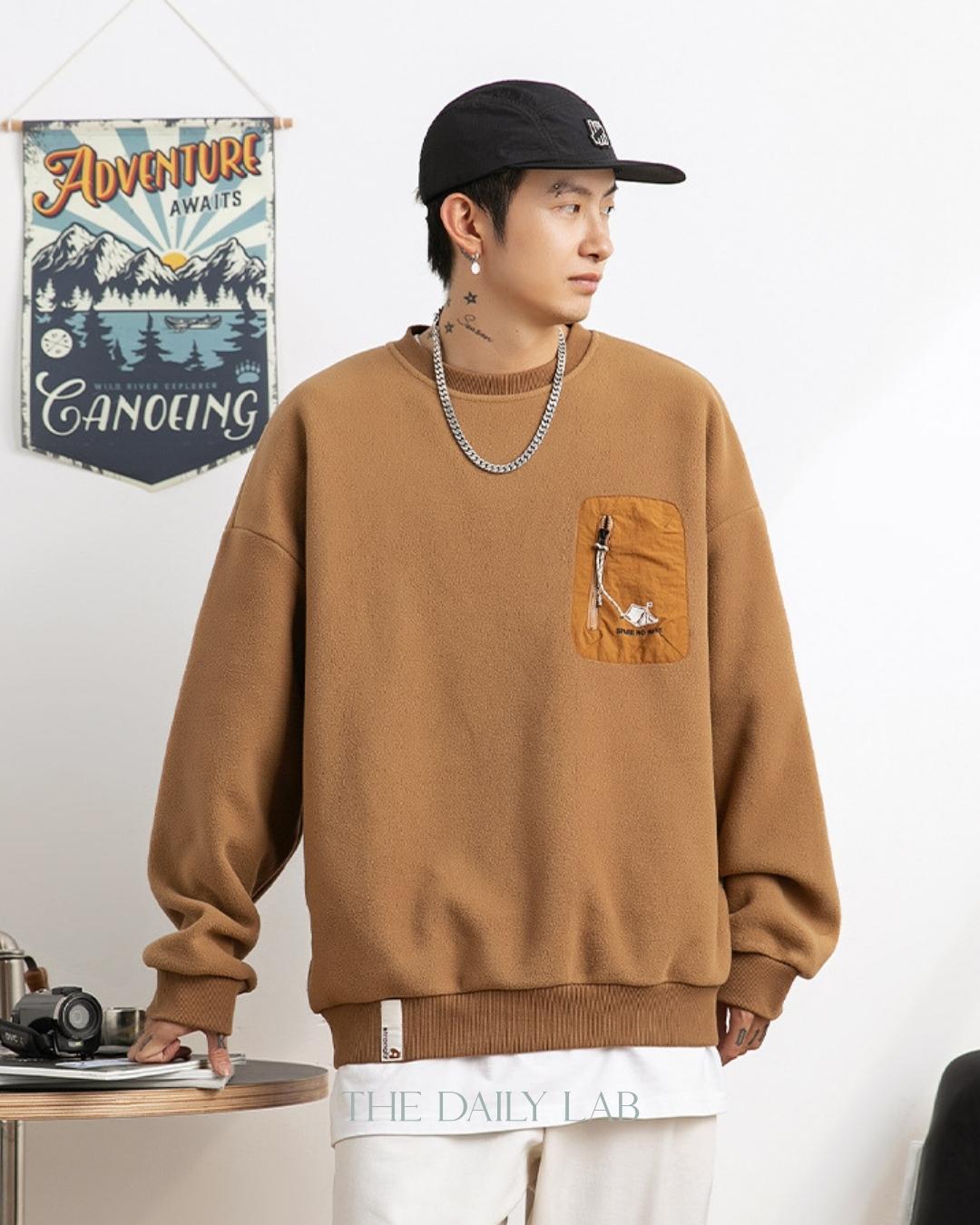 380G Pocketed Long Sleeve Sweater in Light Brown