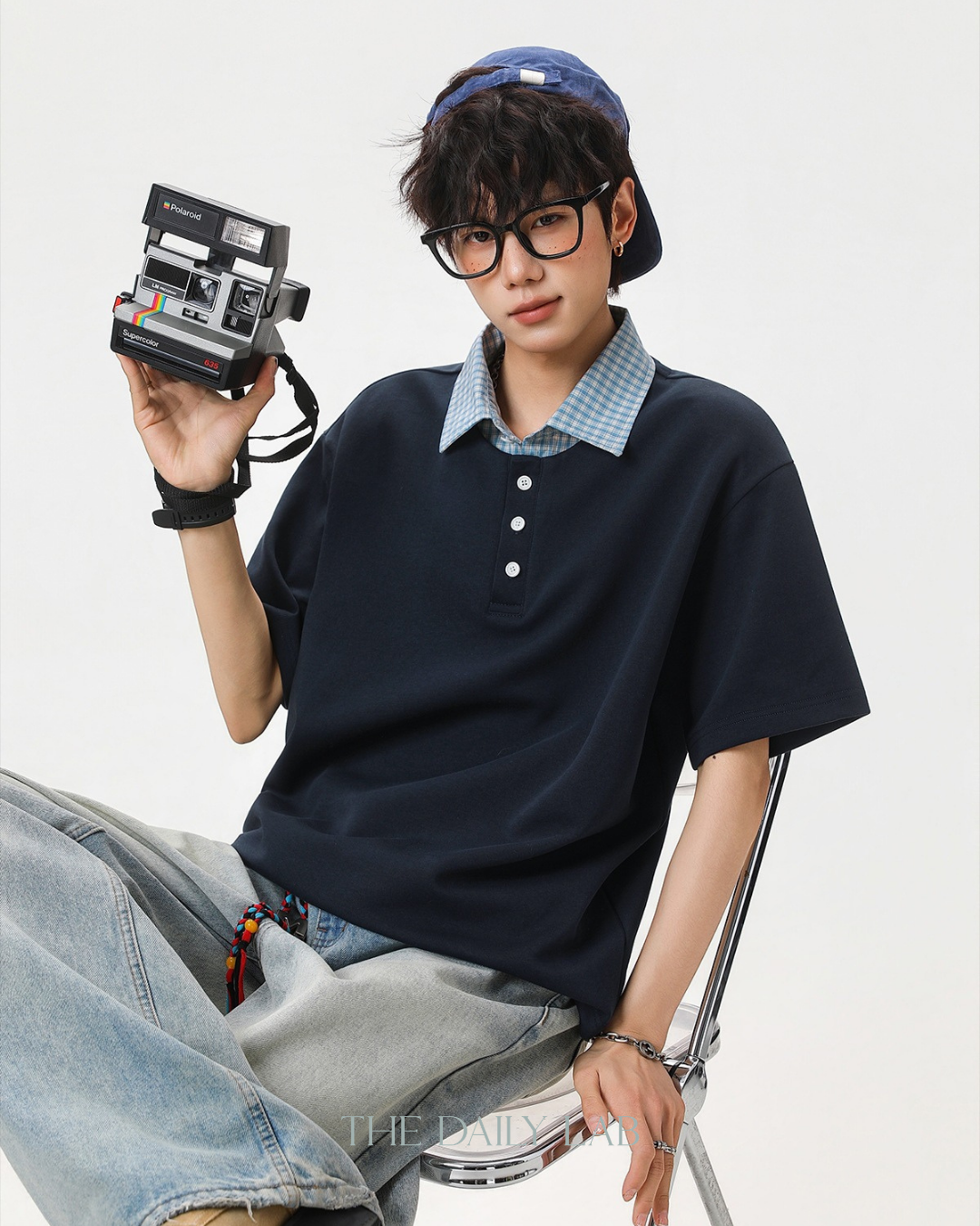 Two-Piece Plaid Spliced T-Shirt in Navy