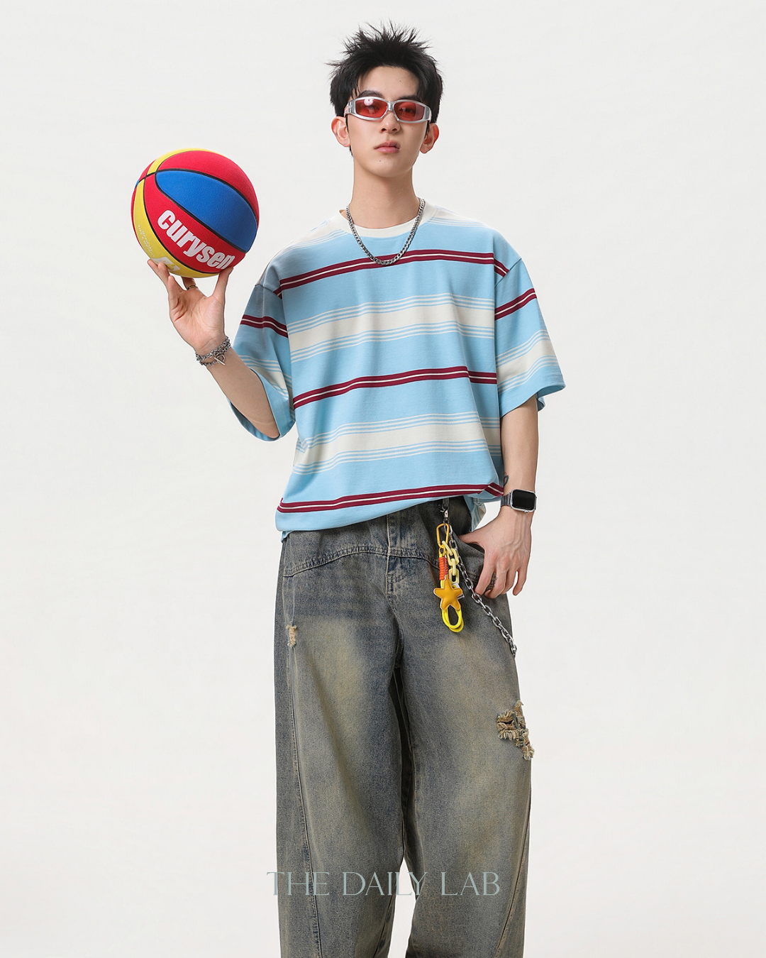 Vintage Stripe Graphic Tee in Light Blue