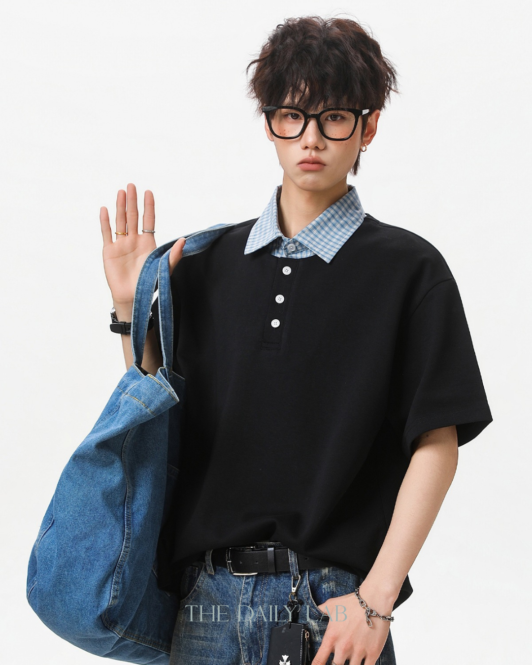Two-Piece Plaid Spliced T-Shirt in Black