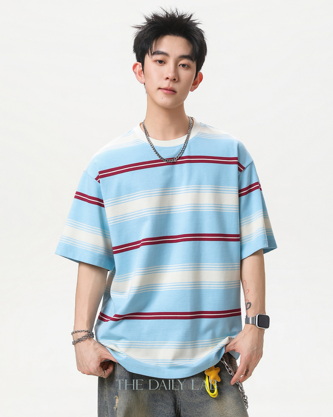 Vintage Stripe Graphic Tee in Light Blue