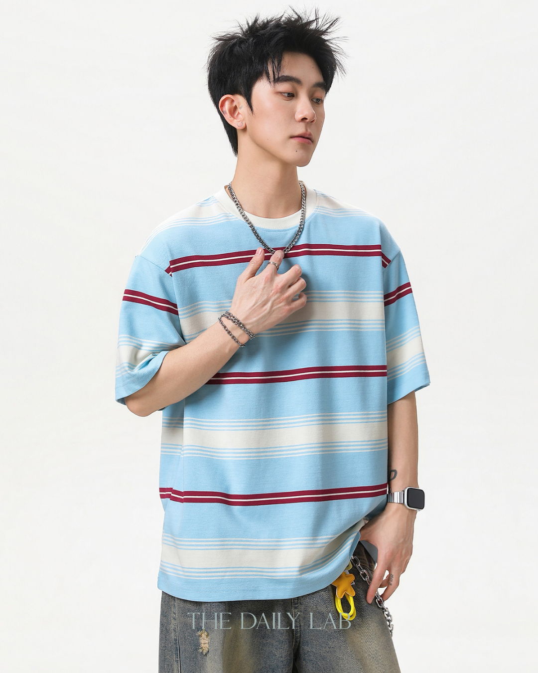 Vintage Stripe Graphic Tee in Light Blue
