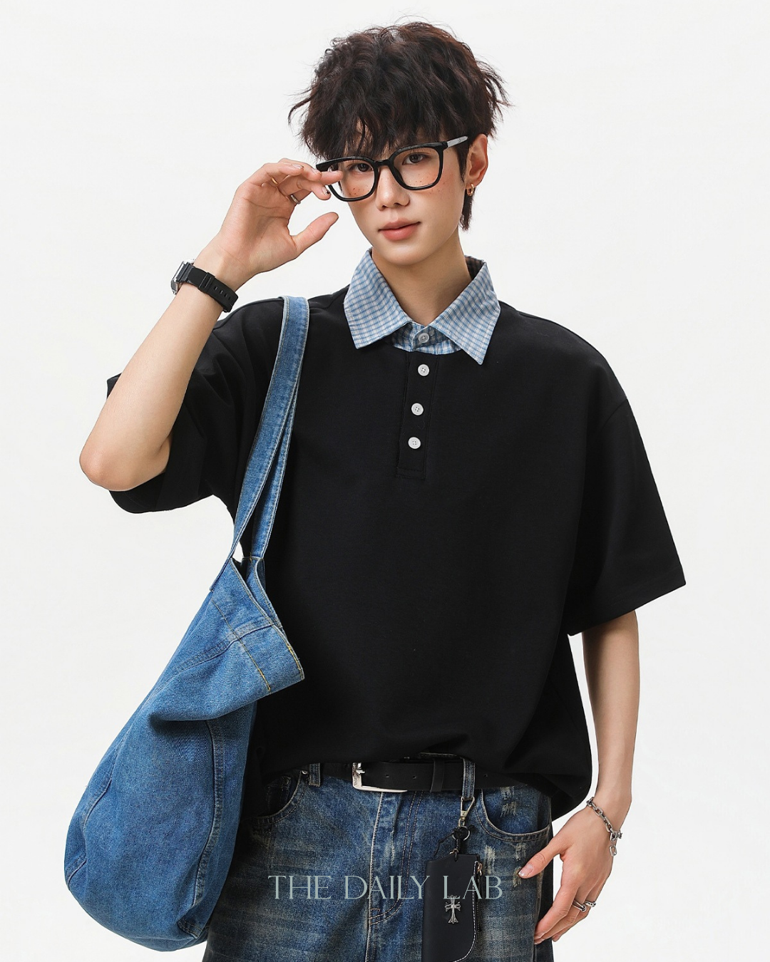 Two-Piece Plaid Spliced T-Shirt in Black