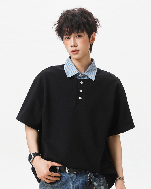 Two-Piece Plaid Spliced T-Shirt in Black