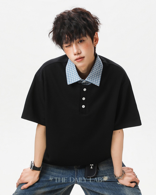 Two-Piece Plaid Spliced T-Shirt in Black