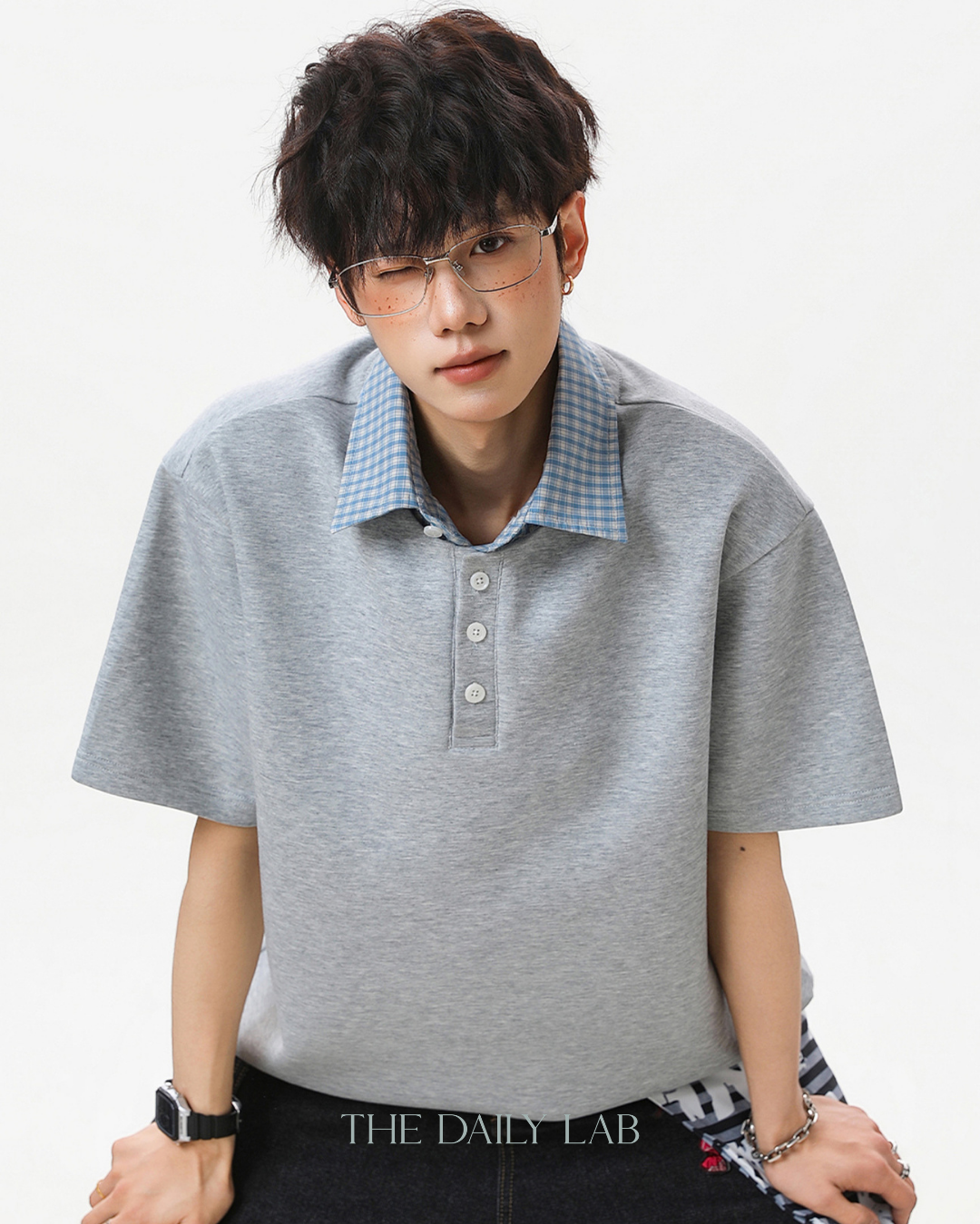 Two-Piece Plaid Spliced T-Shirt in Grey