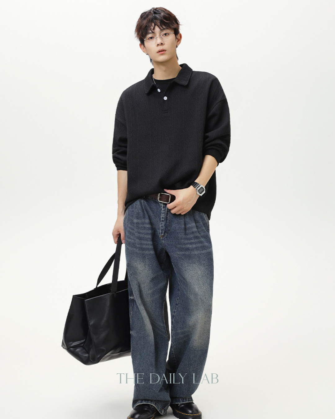 Heavyweight Textured Jacquard Turn-down Collar Sweatshirt In Black