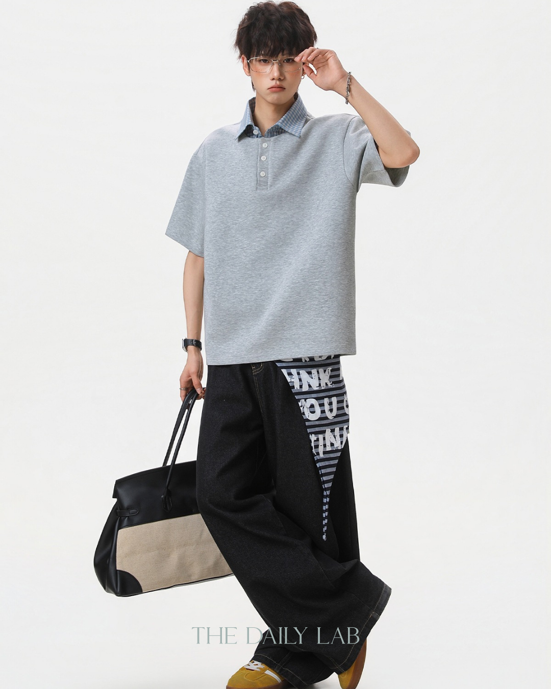 Two-Piece Plaid Spliced T-Shirt in Grey