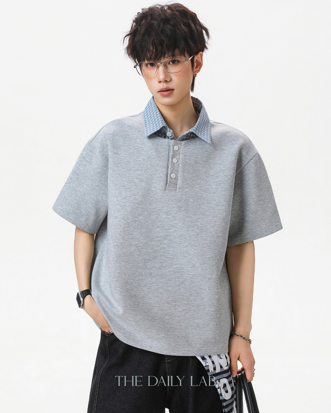 Two-Piece Plaid Spliced T-Shirt in Grey