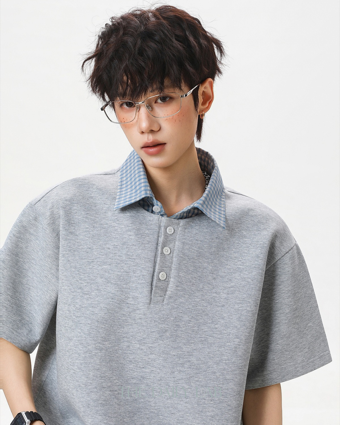 Two-Piece Plaid Spliced T-Shirt in Grey