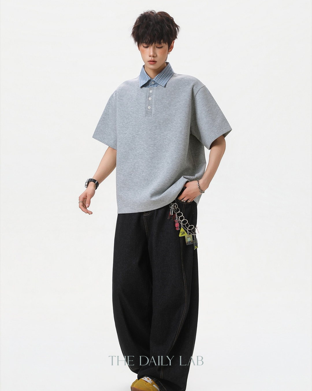Two-Piece Plaid Spliced T-Shirt in Grey