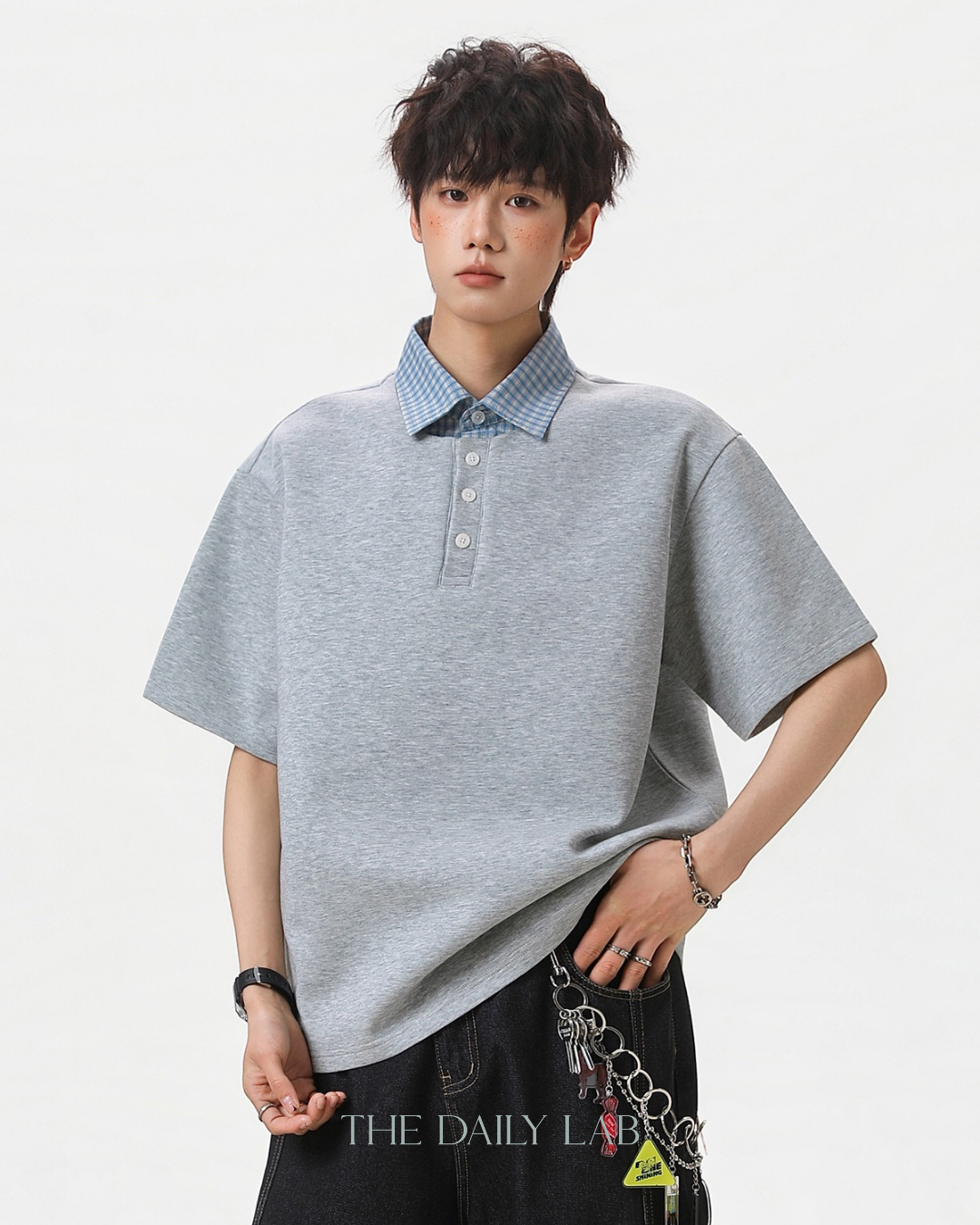 Two-Piece Plaid Spliced T-Shirt in Grey