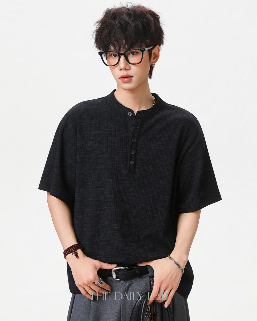 Textured Henley Tee in Black