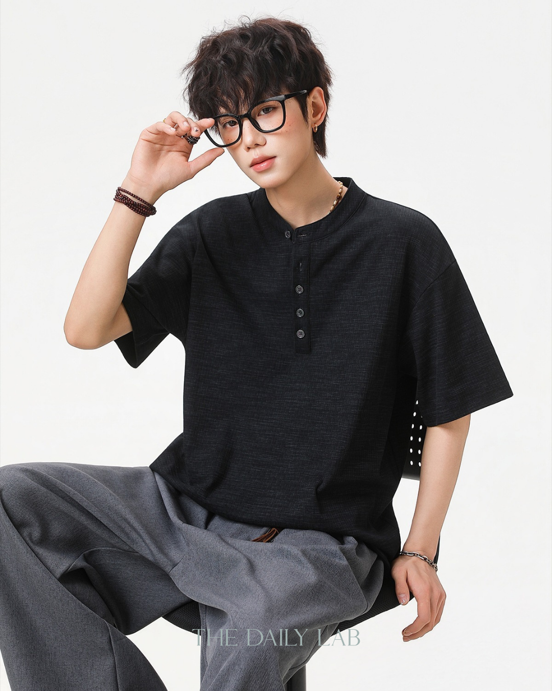 Textured Henley Tee in Black