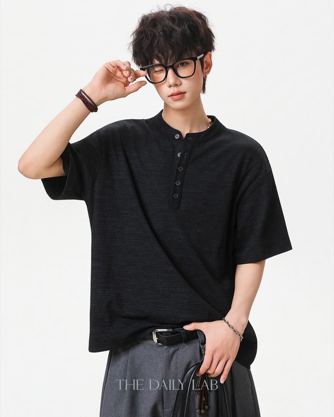 Textured Henley Tee in Black