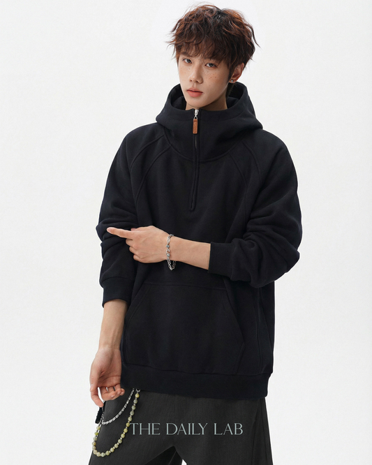 Plain Structure Half-Zip Hoodie in Black