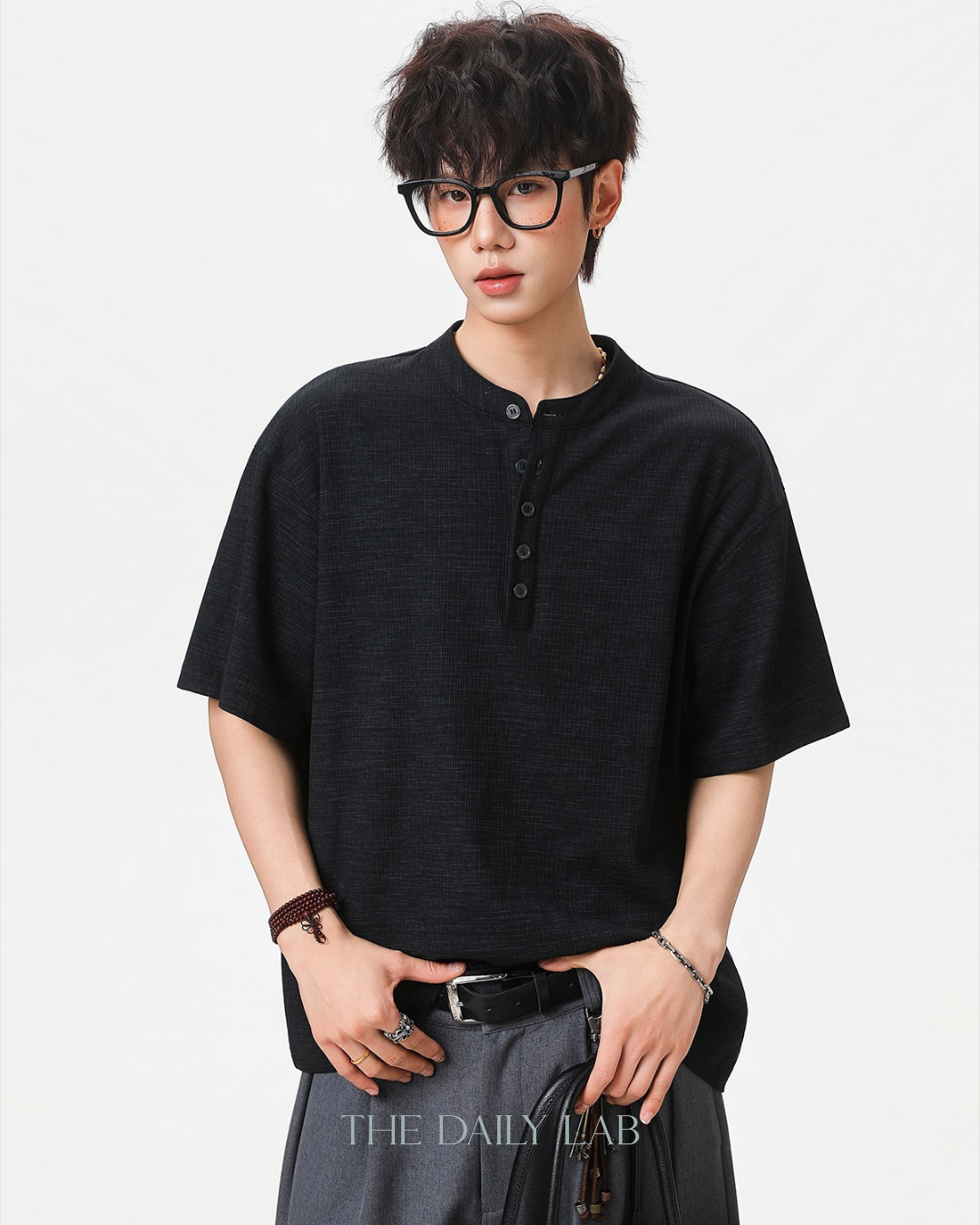 Textured Henley Tee in Black