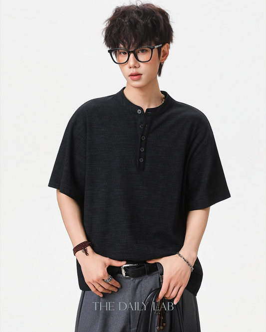Textured Henley Tee in Black