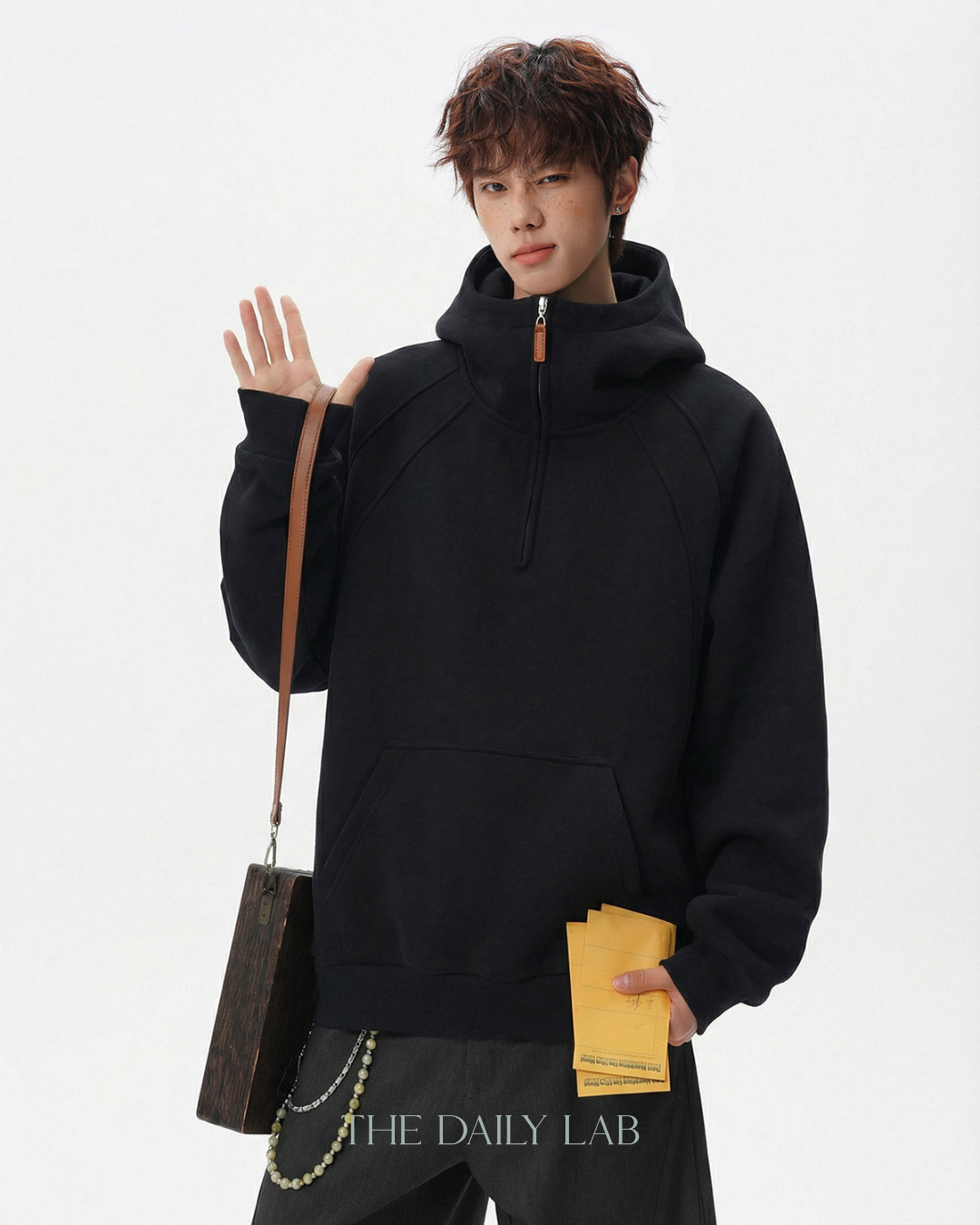 Plain Structure Half-Zip Hoodie in Black