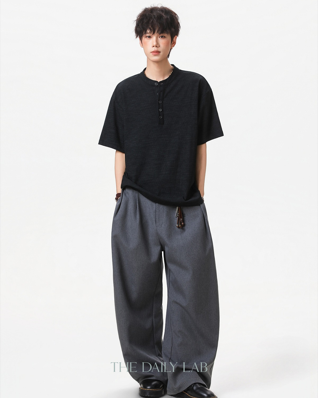 Textured Henley Tee in Black