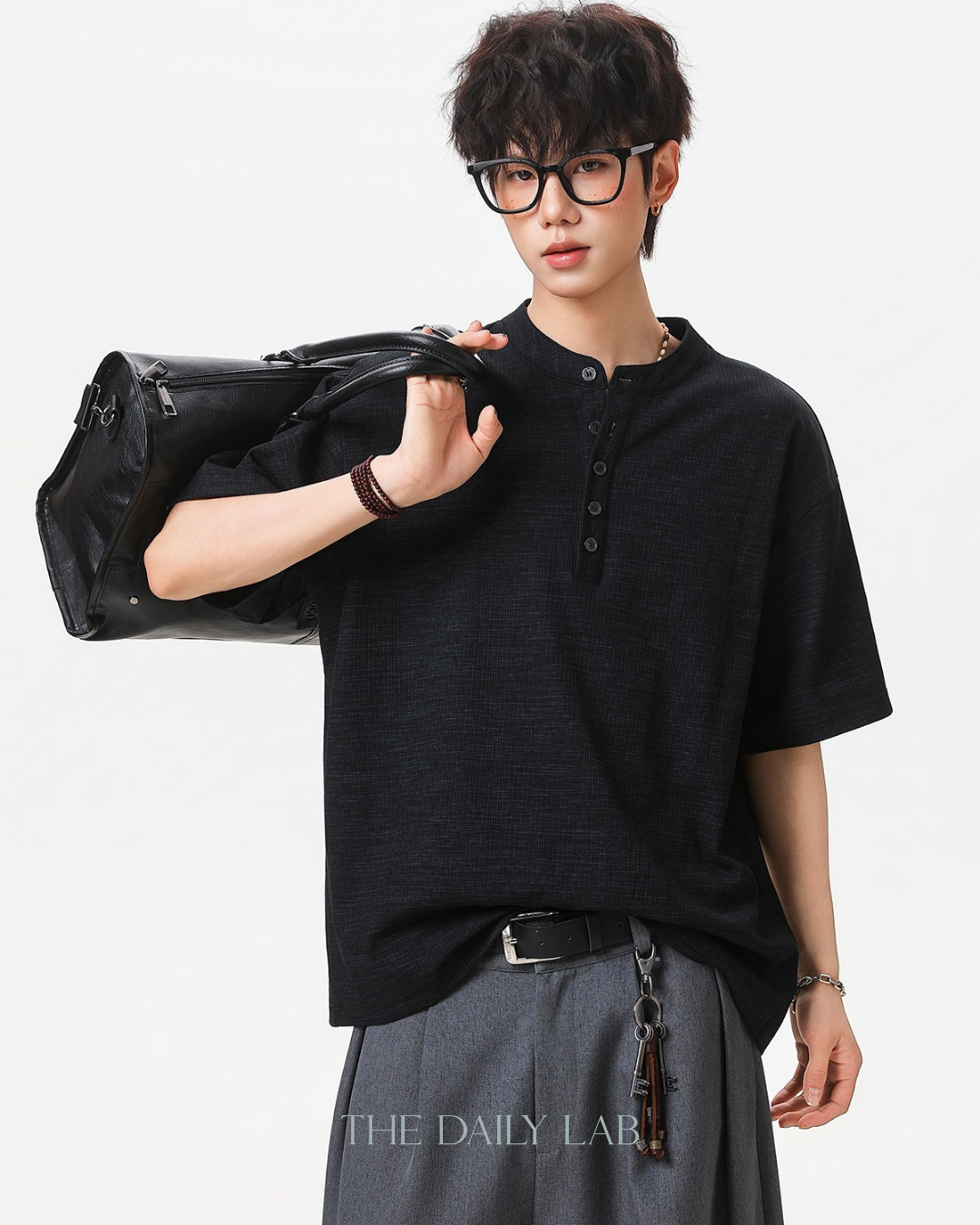 Textured Henley Tee in Black