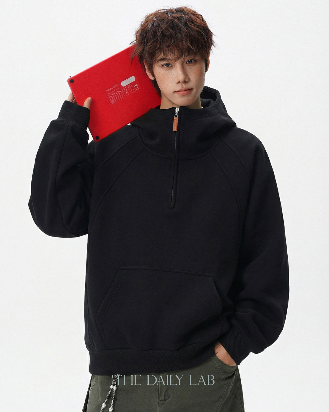 Plain Structure Half-Zip Hoodie in Black