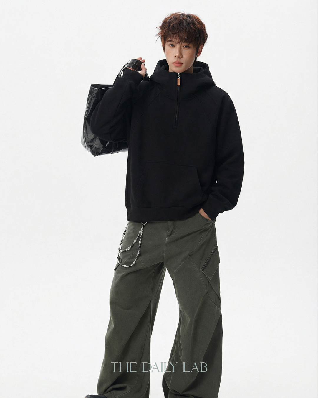 Plain Structure Half-Zip Hoodie in Black