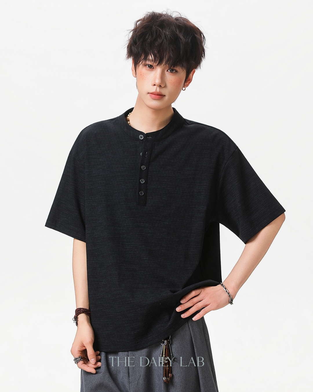 Textured Henley Tee in Black