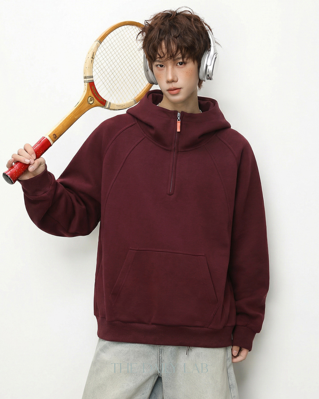 Plain Structure Half-Zip Hoodie in Red