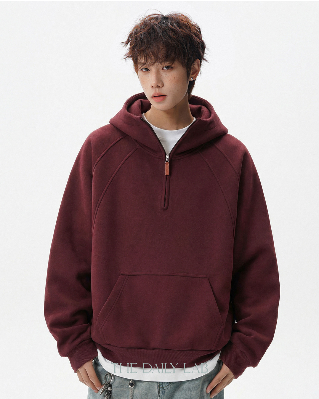 Plain Structure Half-Zip Hoodie in Red