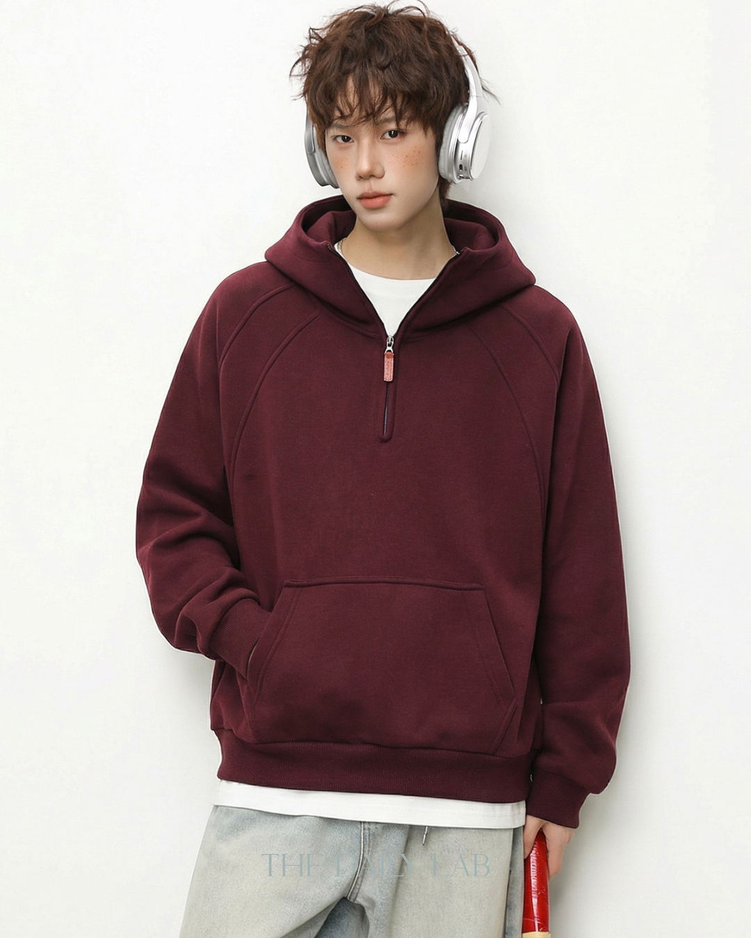 Plain Structure Half-Zip Hoodie in Red