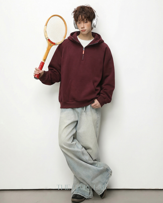 Plain Structure Half-Zip Hoodie in Red