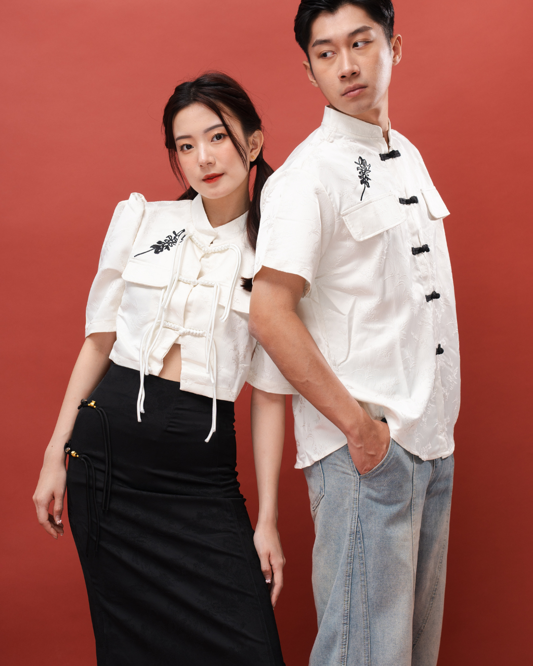 Embroidered Mandarin Collar Tang Shirt