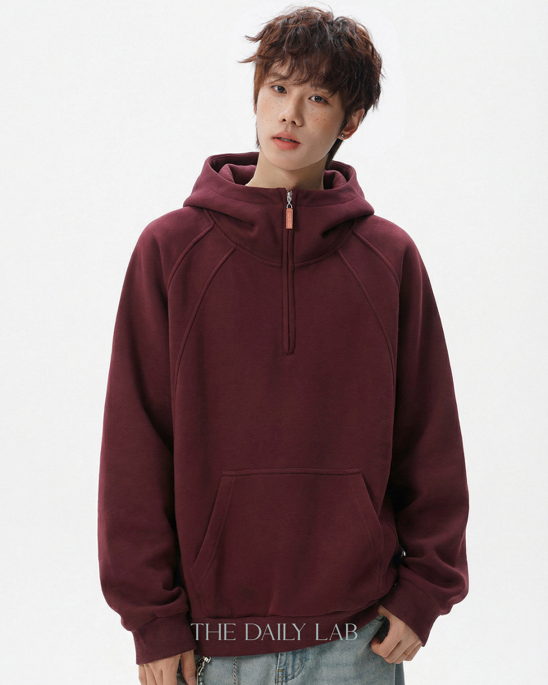 Plain Structure Half-Zip Hoodie in Red
