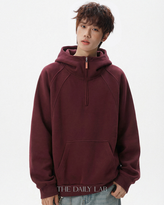 Plain Structure Half-Zip Hoodie in Red