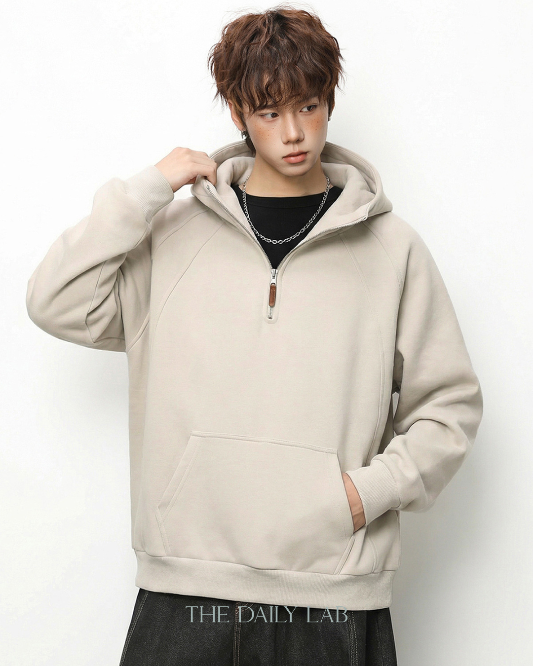 Plain Structure Half-Zip Hoodie in Khaki