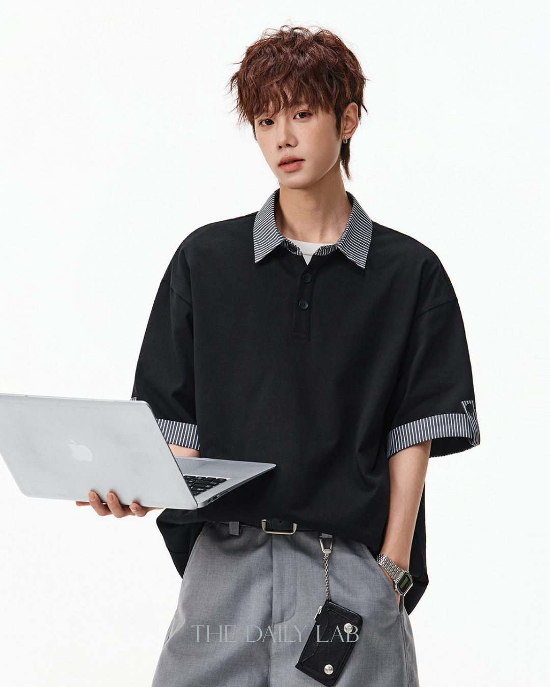 Layered Stripe Polo Tee in Black