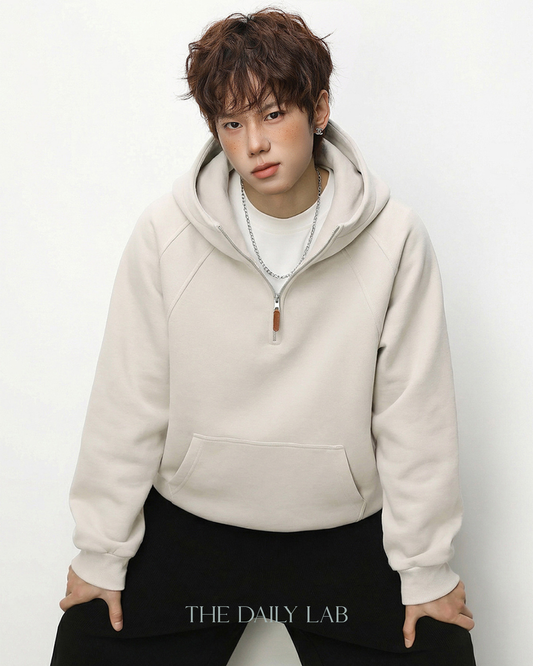 Plain Structure Half-Zip Hoodie in Khaki