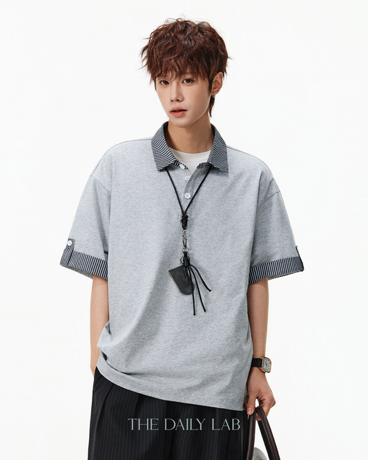 Layered Stripe Polo Tee in Grey