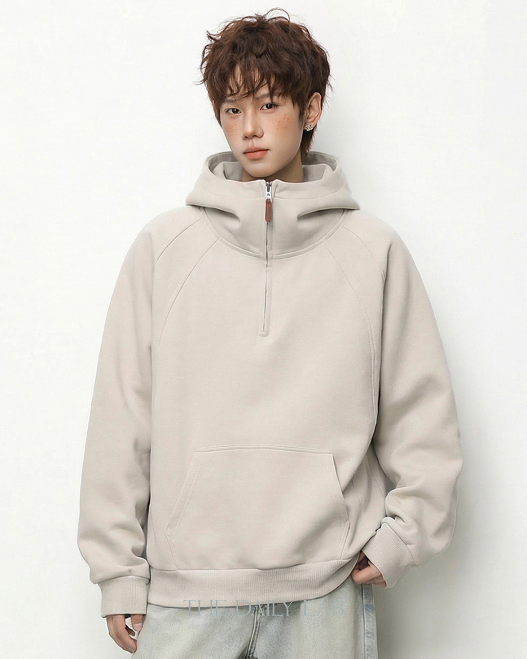 Plain Structure Half-Zip Hoodie in Khaki