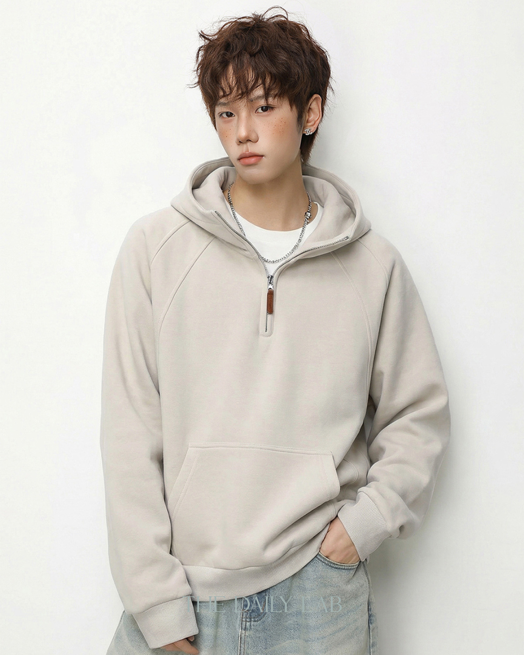 Plain Structure Half-Zip Hoodie in Khaki