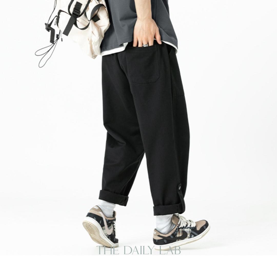 Twill Pocketed Straight Long Pants in Black
