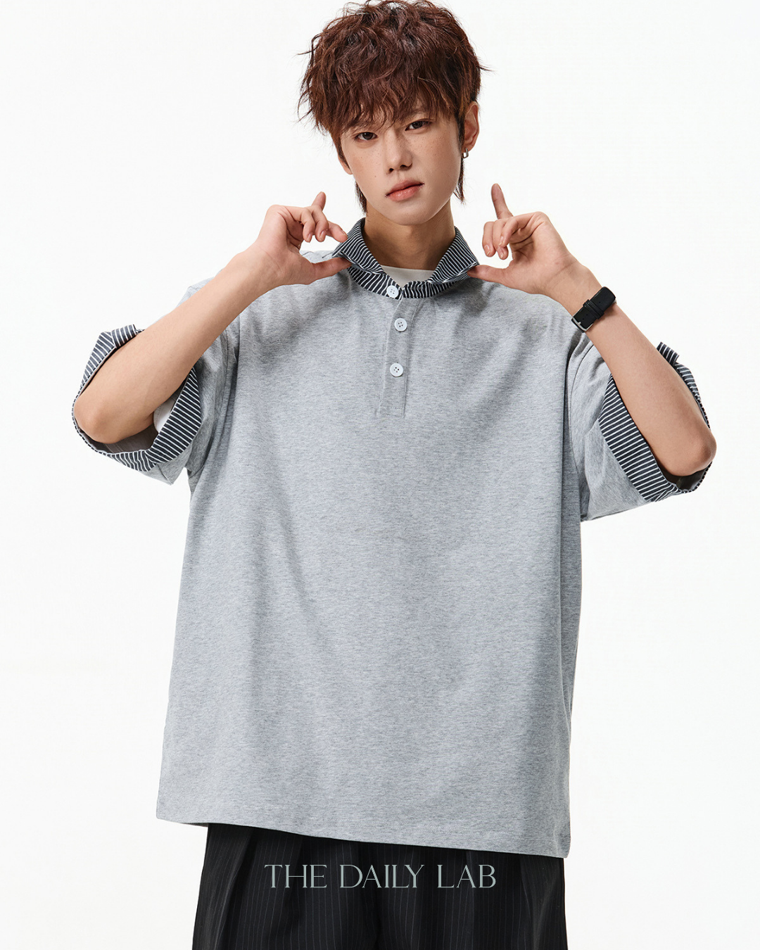 Layered Stripe Polo Tee in Grey